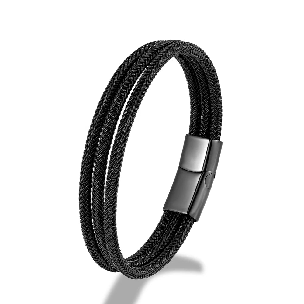 Bracelet câble tressé acier homme triple rang magnétique | WristArt Noir / 19 cm