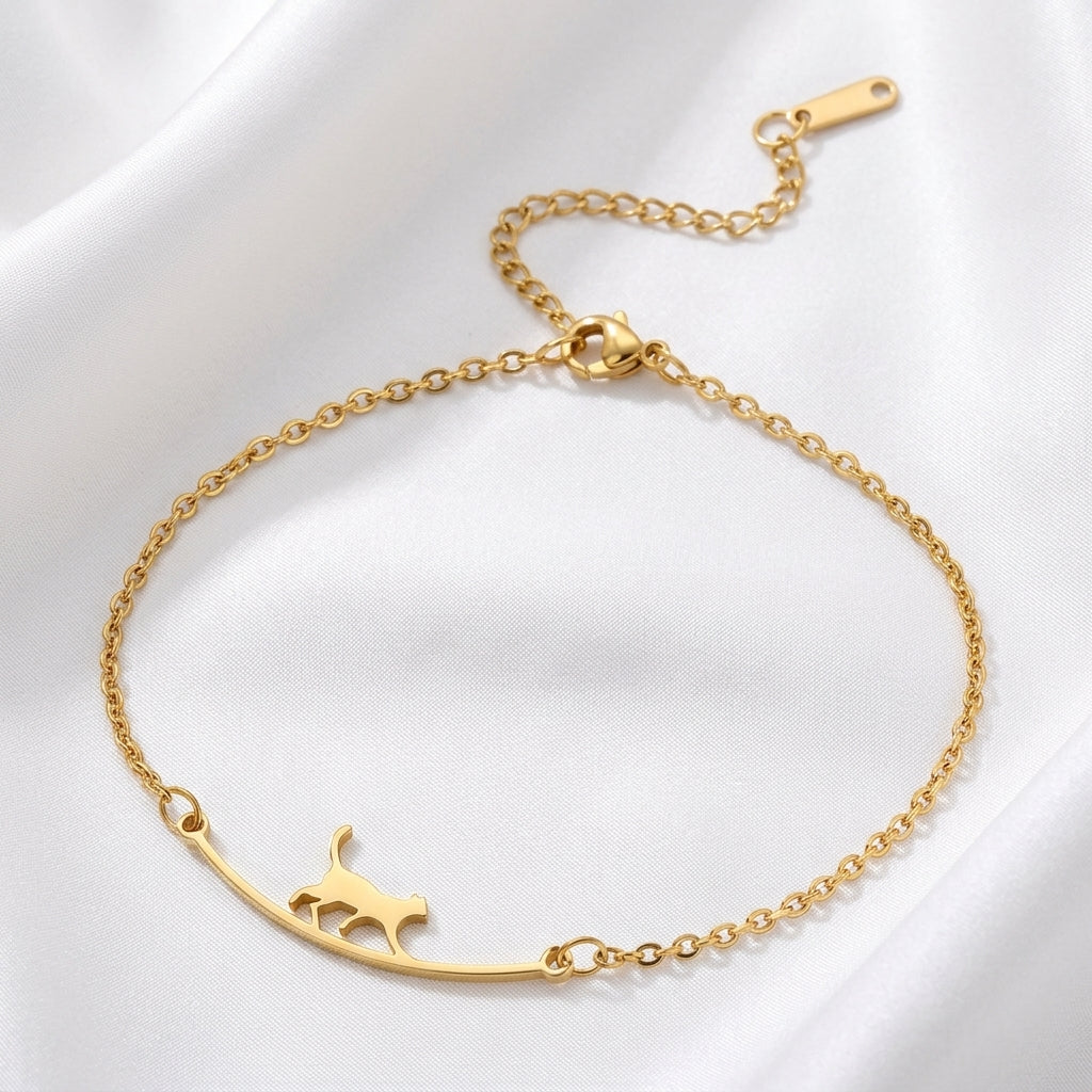 Bracelet Cheville Chat Asymétrique Acier Doré 18K | WristArt