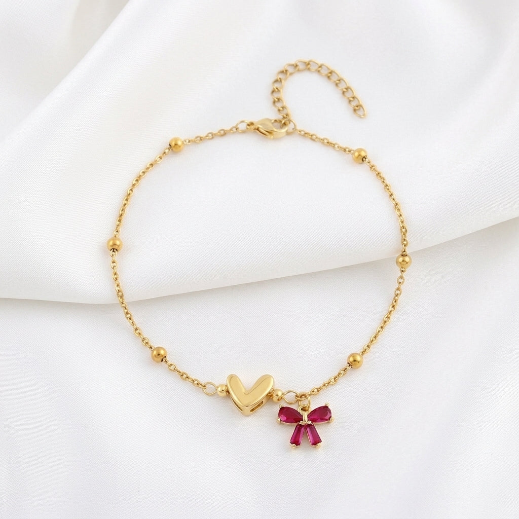 Bracelet Cheville Cœur Cristal 4 Coloris Doré | WristArt Rouge