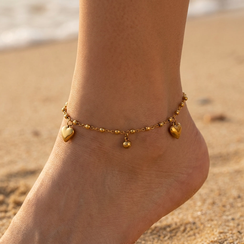 Bracelet Cheville Cœur Doré Acier Waterproof PVD | WristArt