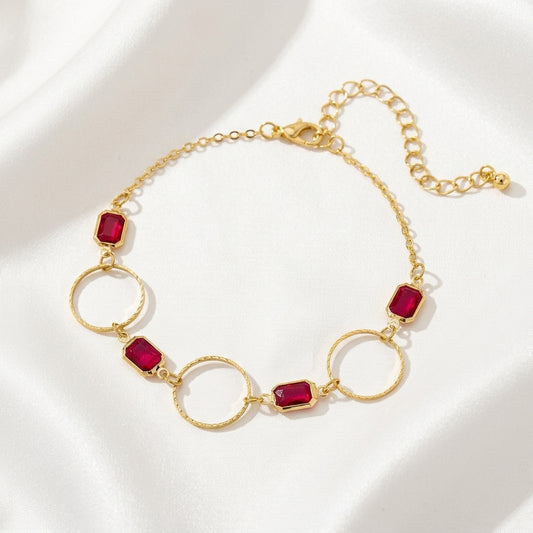 Bracelet Cheville Cristaux Rouges Anneaux Dorés | WristArt