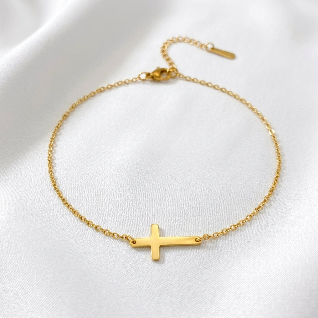 Bracelet Cheville Croix Dorée Acier 201 PVD Waterproof | WristArt