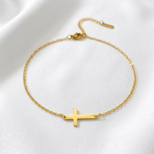 Bracelet Cheville Croix Dorée Acier 201 PVD Waterproof | WristArt
