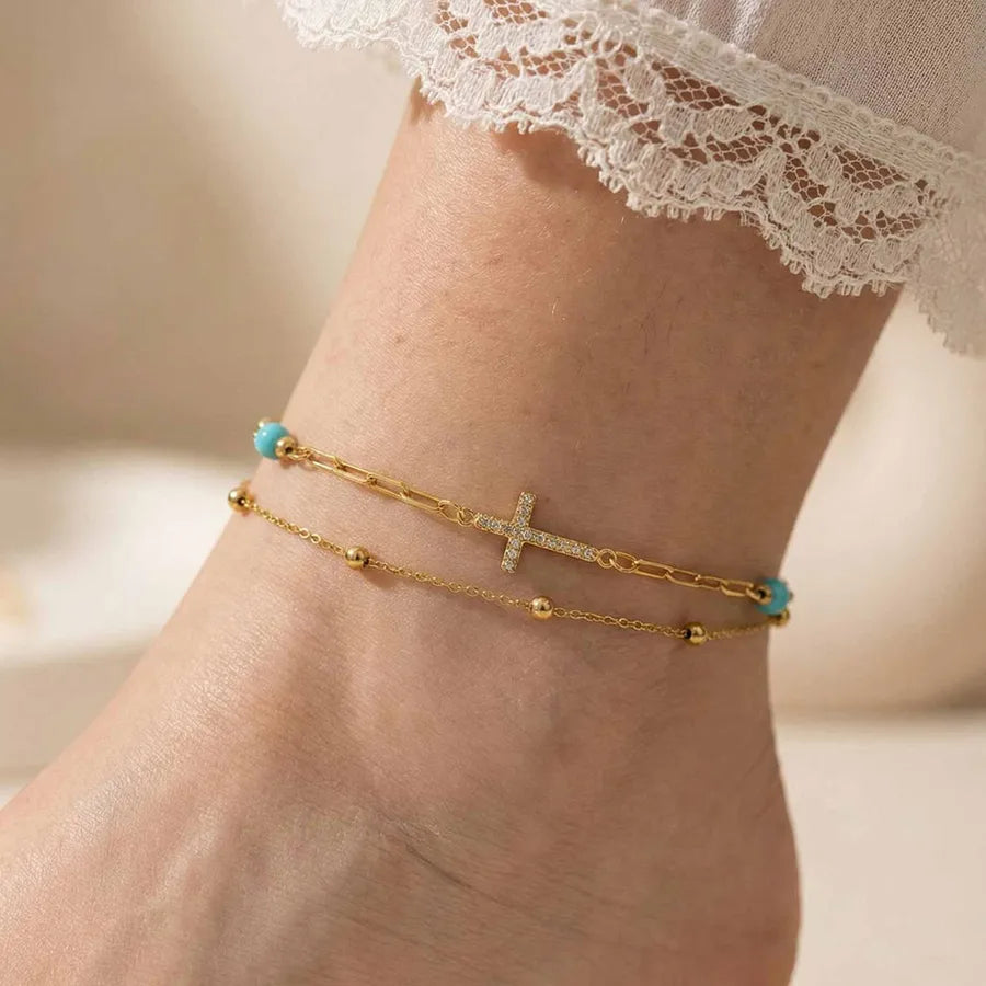 Bracelet Cheville Croix Turquoise Acier 201 PVD 18K | WristArt