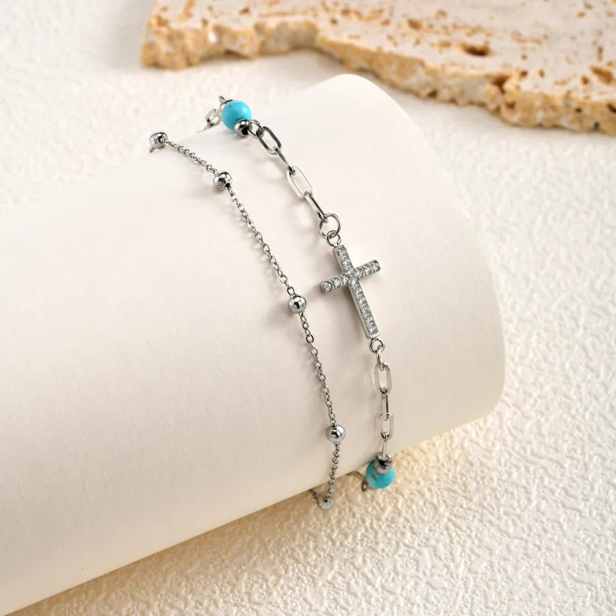 Bracelet Cheville Croix Turquoise Acier 201 PVD 18K | WristArt