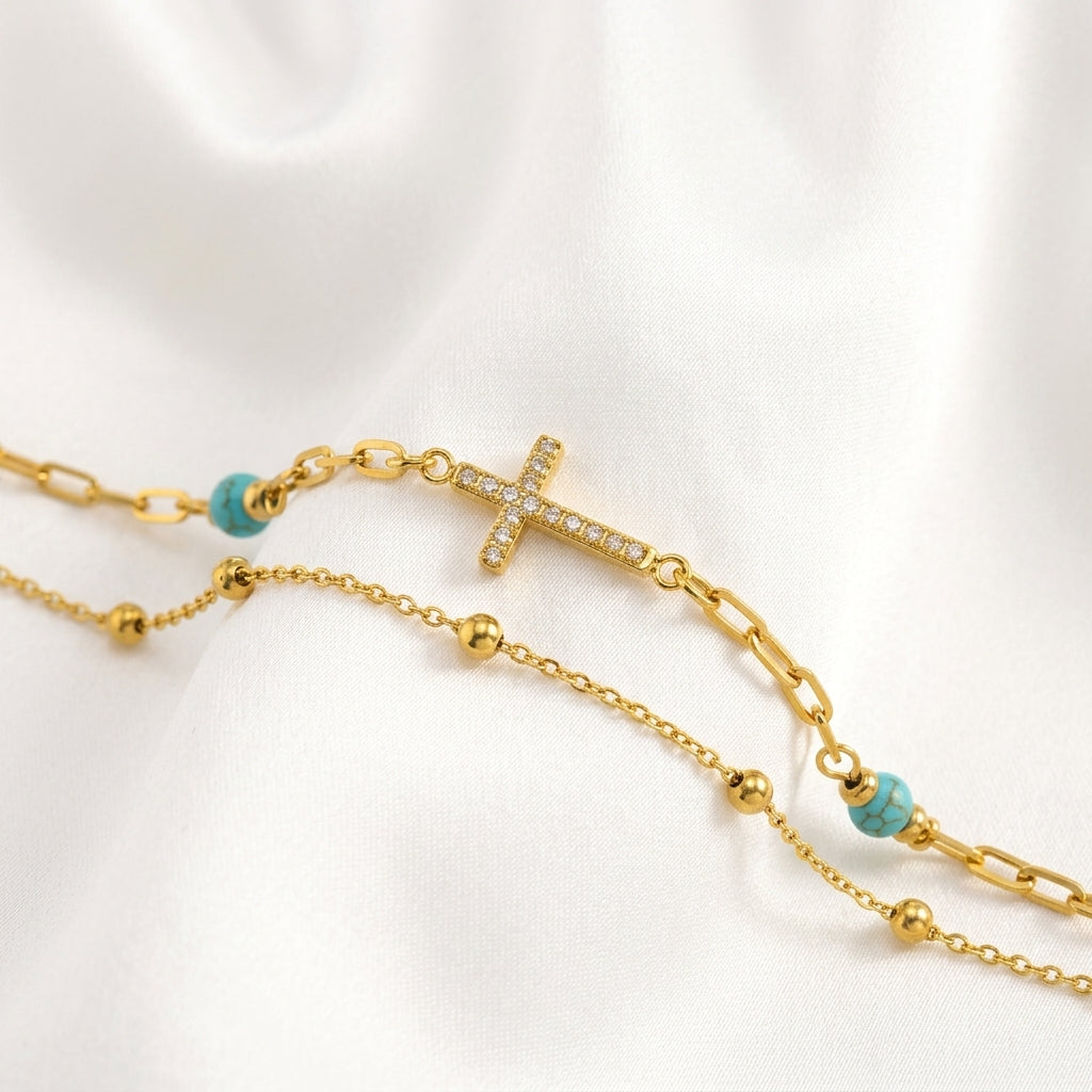 Bracelet Cheville Croix Turquoise Acier 201 PVD 18K | WristArt