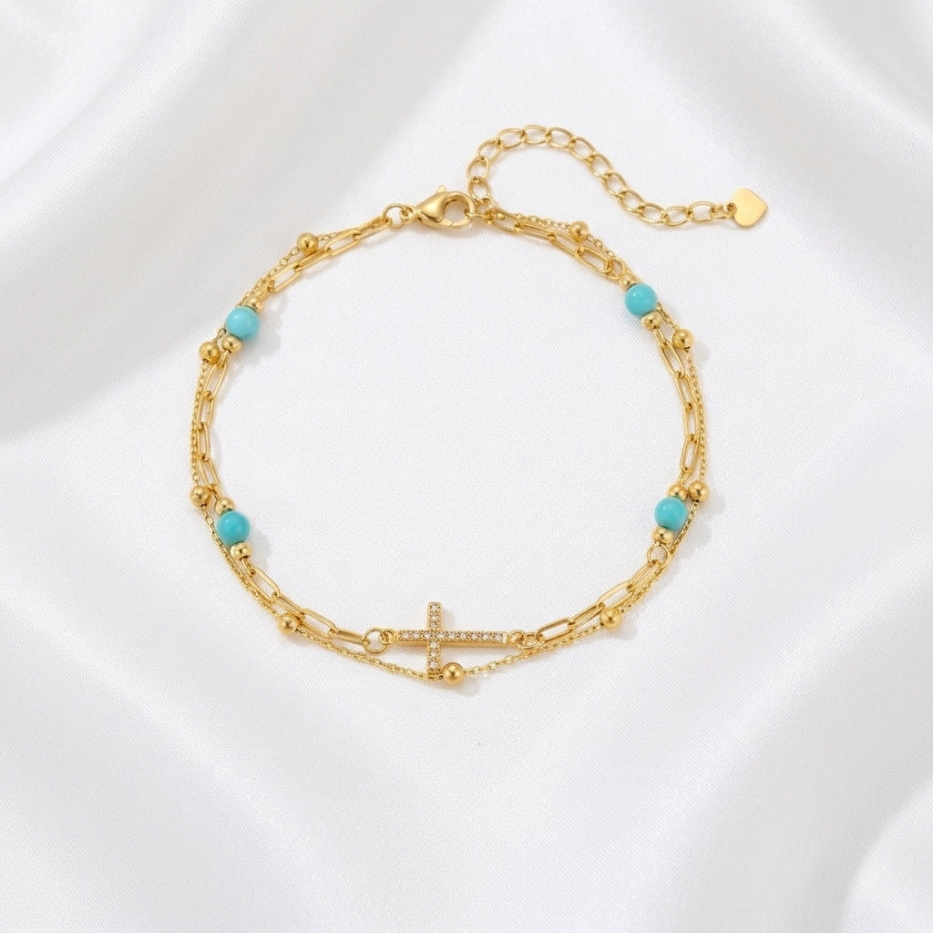 Bracelet Cheville Croix Turquoise Acier 201 PVD 18K | WristArt