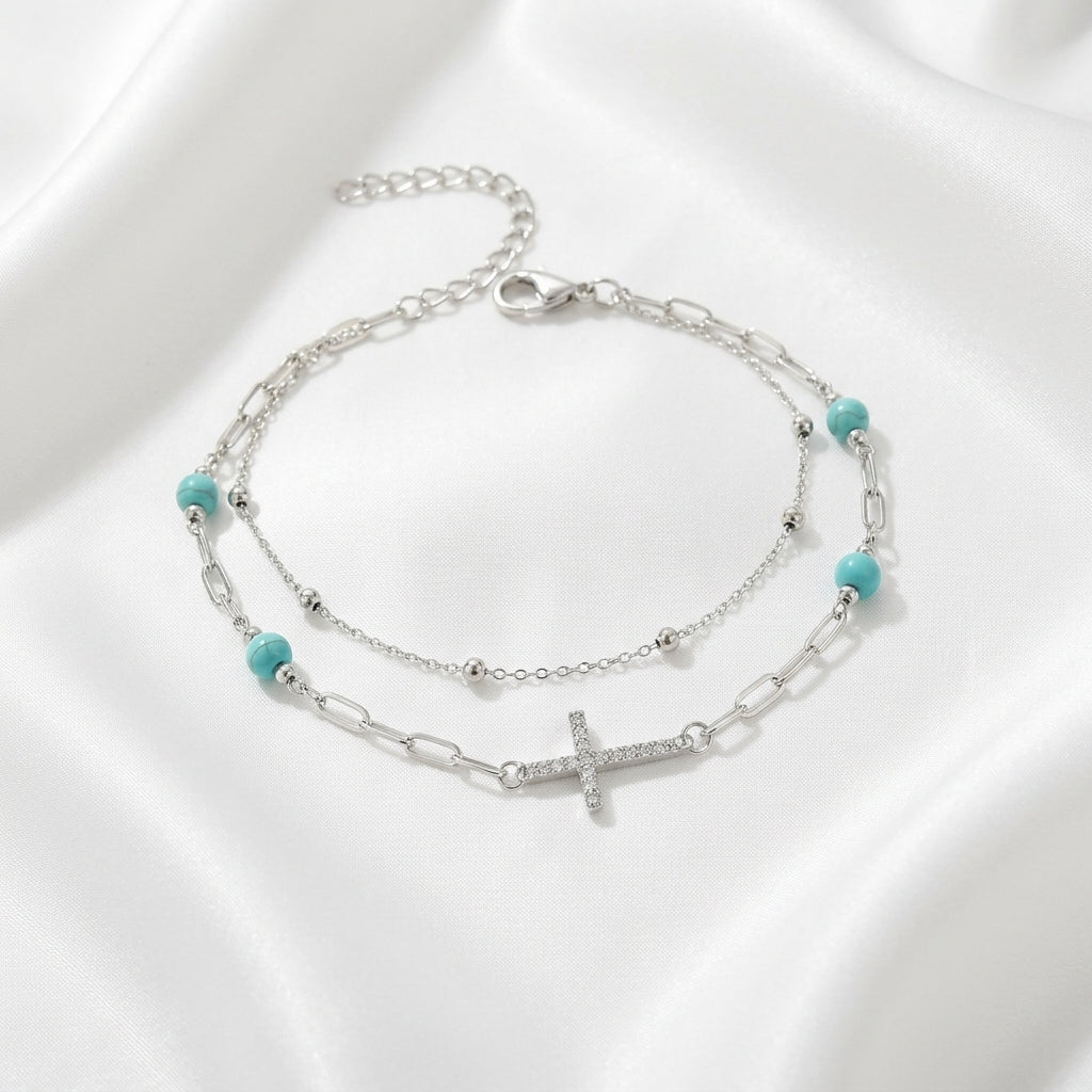 Bracelet Cheville Croix Turquoise Acier 201 PVD 18K | WristArt Argenté