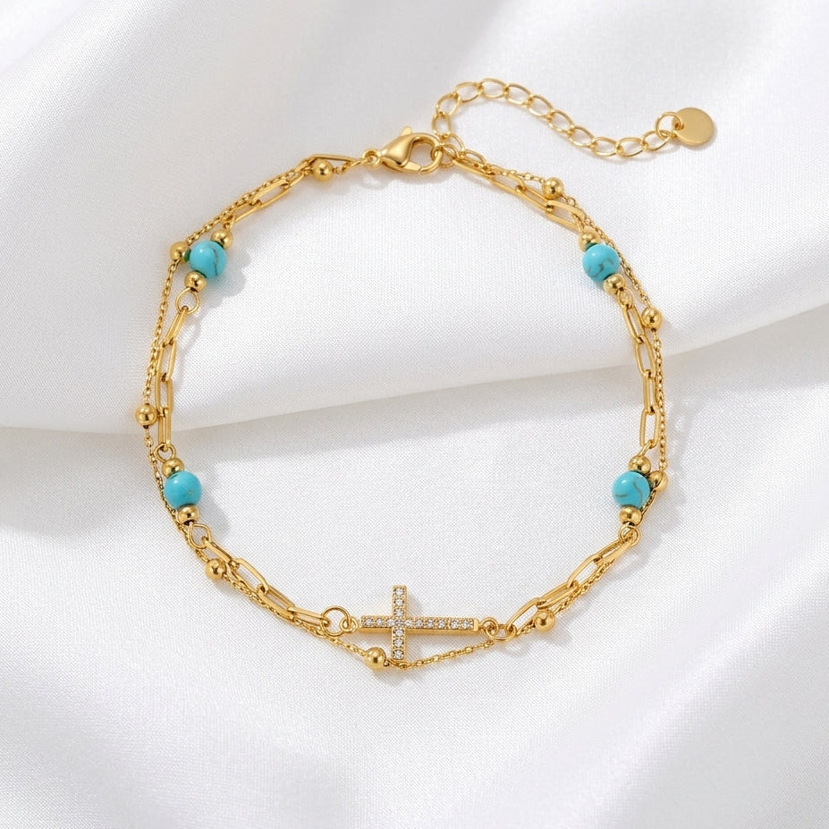 Bracelet Cheville Croix Turquoise Acier 201 PVD 18K | WristArt Doré