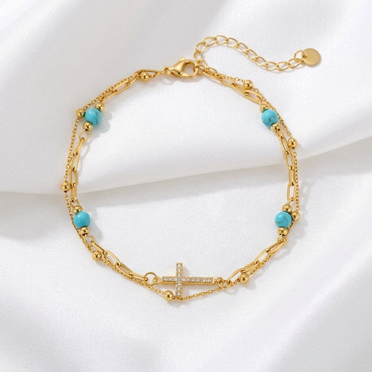 Bracelet Cheville Croix Turquoise Acier 201 PVD 18K | WristArt Doré