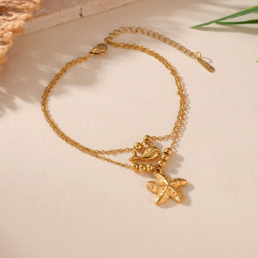 Bracelet Cheville Dauphin Étoile de Mer Tropical Acier 18K | WristArt Doré