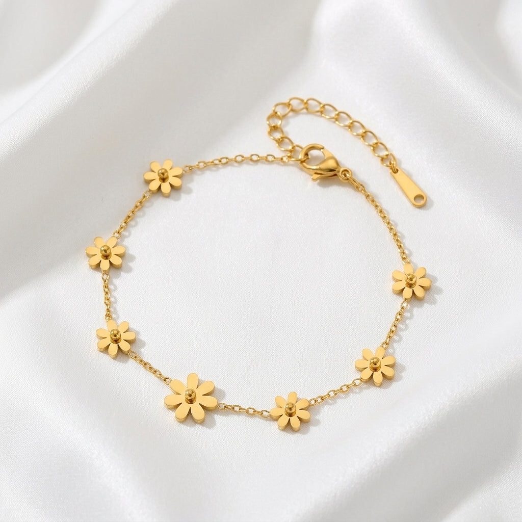 Bracelet Cheville Fleur 3D Acier Inoxydable PVD Doré | WristArt