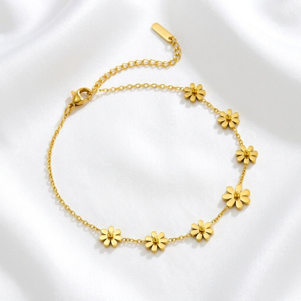 Bracelet Cheville Fleur 3D Acier Inoxydable PVD Doré | WristArt