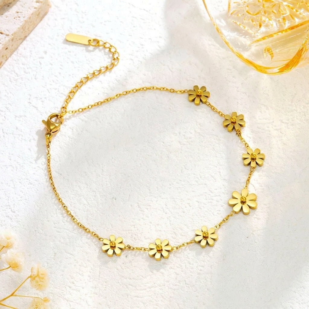 Bracelet Cheville Fleur 3D Acier Inoxydable PVD Doré | WristArt Taille Unique / Doré / Standard