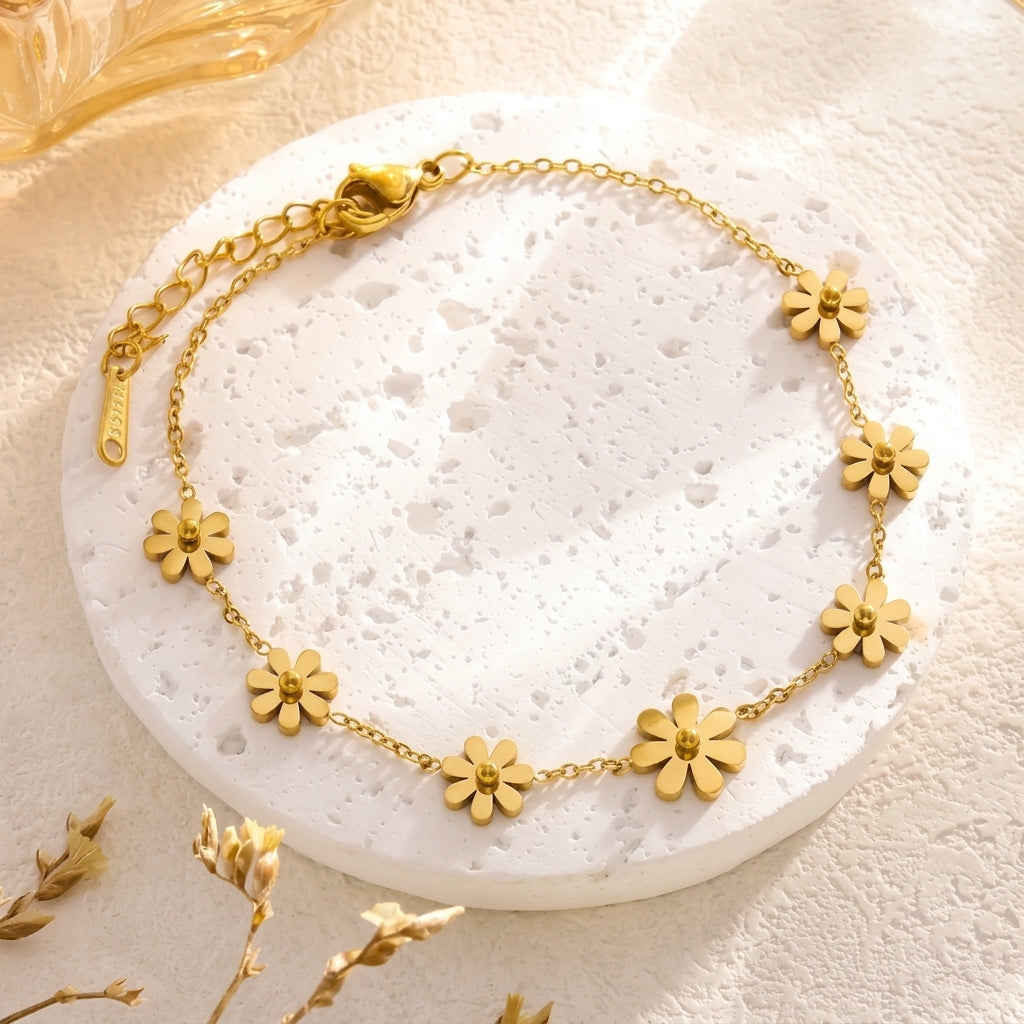 Bracelet Cheville Fleur 3D Acier Inoxydable PVD Doré | WristArt Taille Unique / Doré / Standard