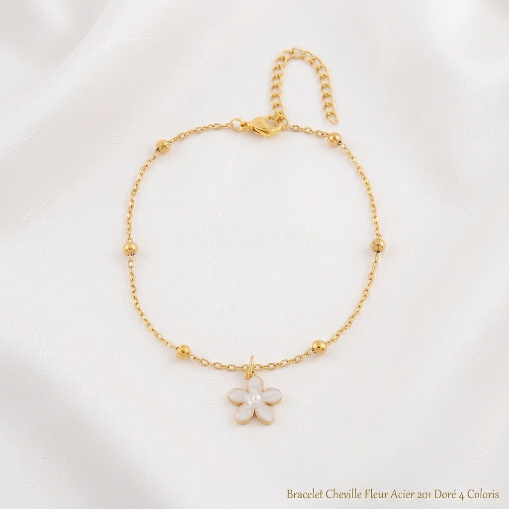 Bracelet Cheville Fleur Acier 201 Doré 4 Coloris | WristArt Blanc