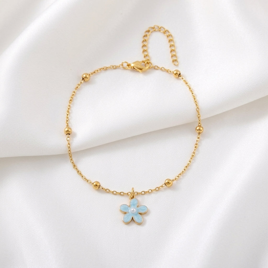 Bracelet Cheville Fleur Acier 201 Doré 4 Coloris | WristArt Bleu