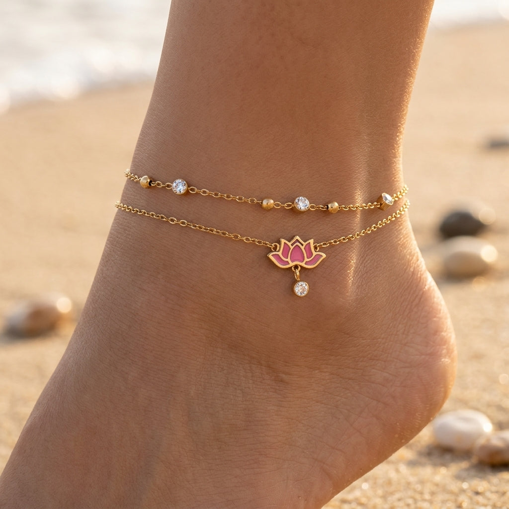 Bracelet Cheville Lotus Superposé Acier Or 18K Zircon | WristArt