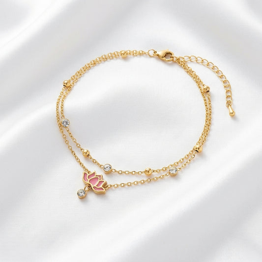 Bracelet Cheville Lotus Superposé Acier Or 18K Zircon | WristArt