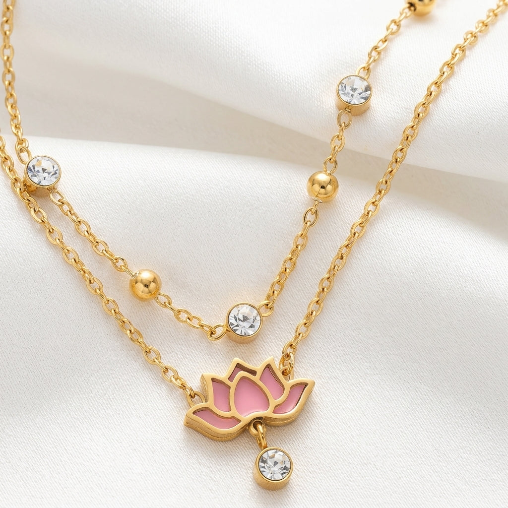 Bracelet Cheville Lotus Superposé Acier Or 18K Zircon | WristArt