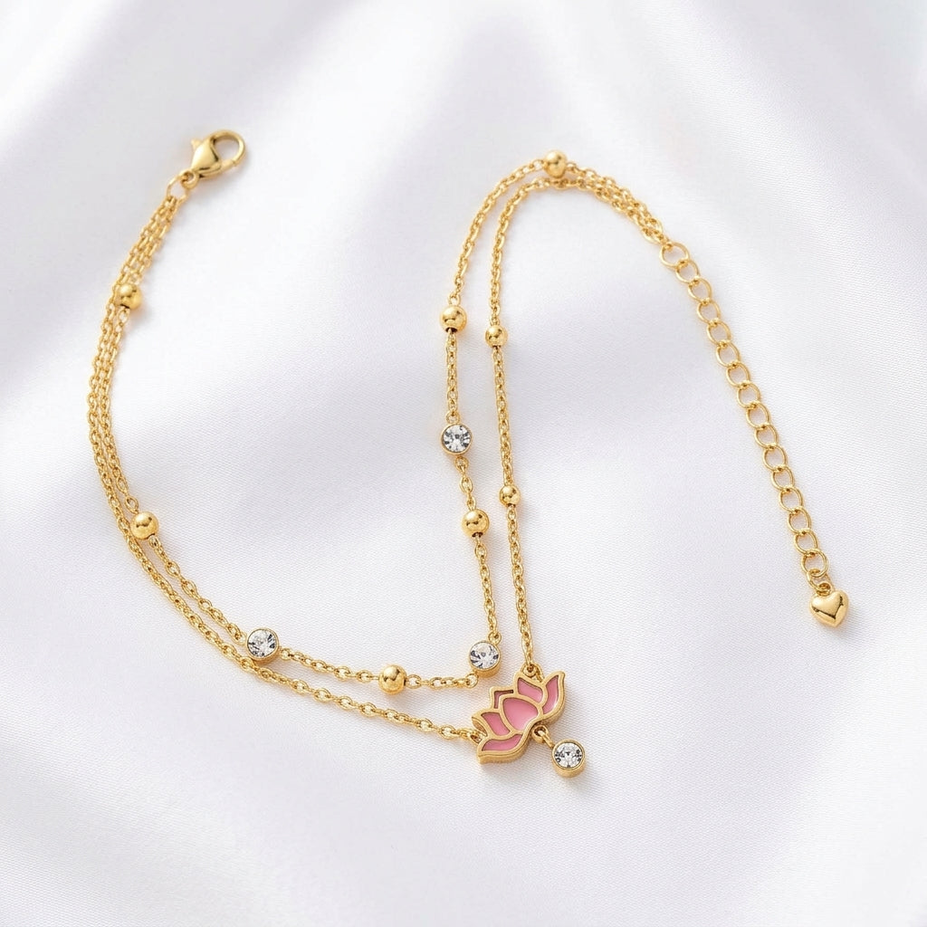 Bracelet Cheville Lotus Superposé Acier Or 18K Zircon | WristArt