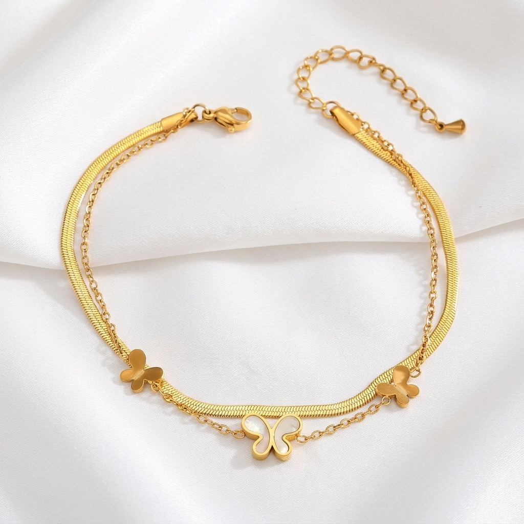 Bracelet Cheville Papillon Relief Acier Titane Doré | WristArt