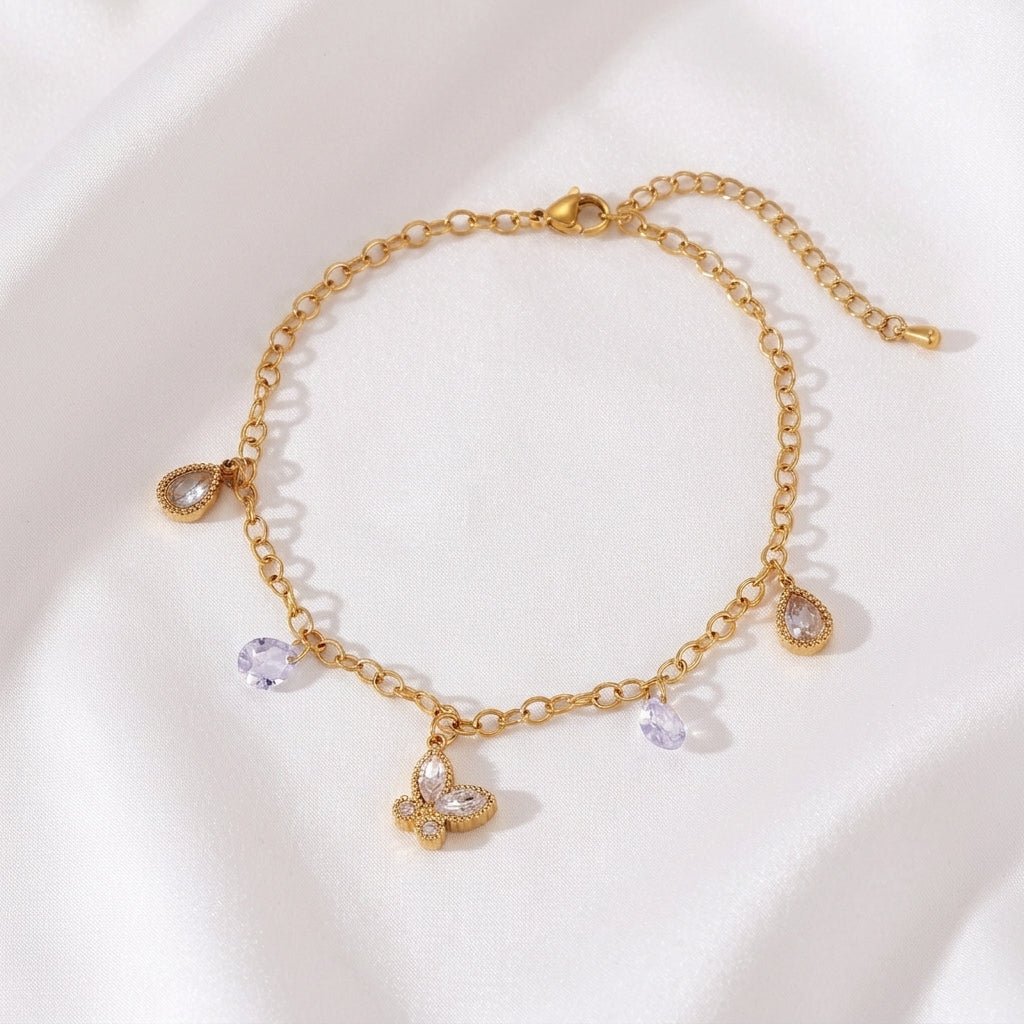 Bracelet Cheville Papillon Zircon Doré Acier 304 | WristArt