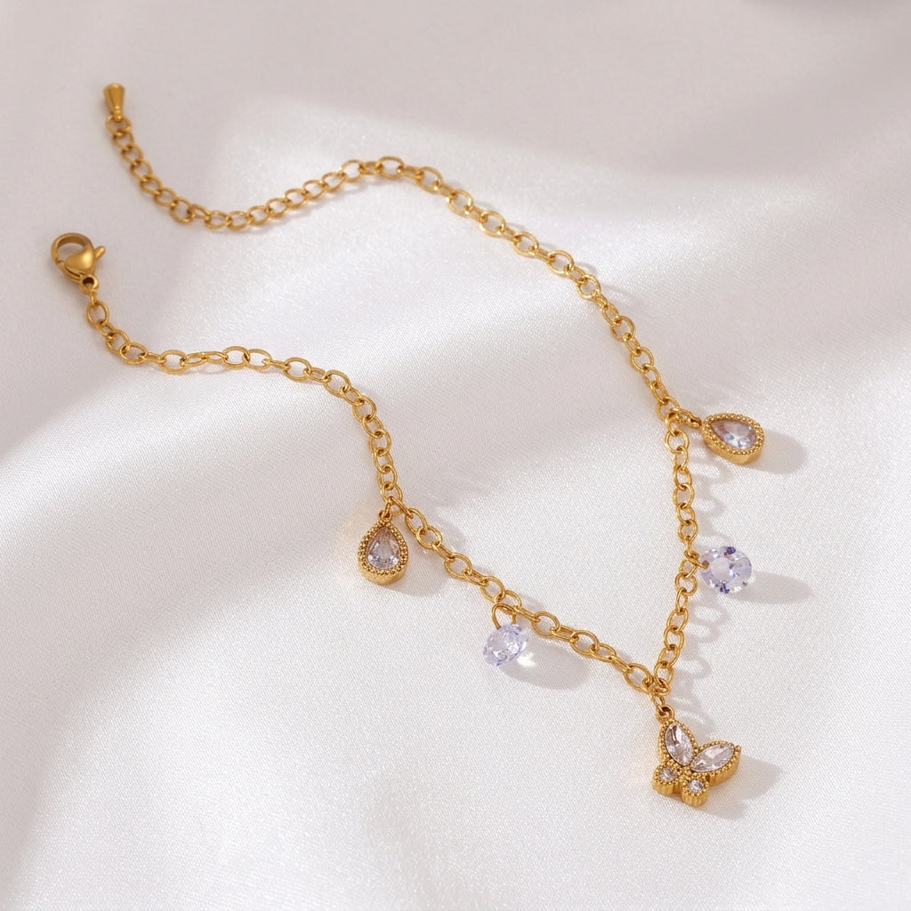 Bracelet Cheville Papillon Zircon Doré Acier 304 | WristArt