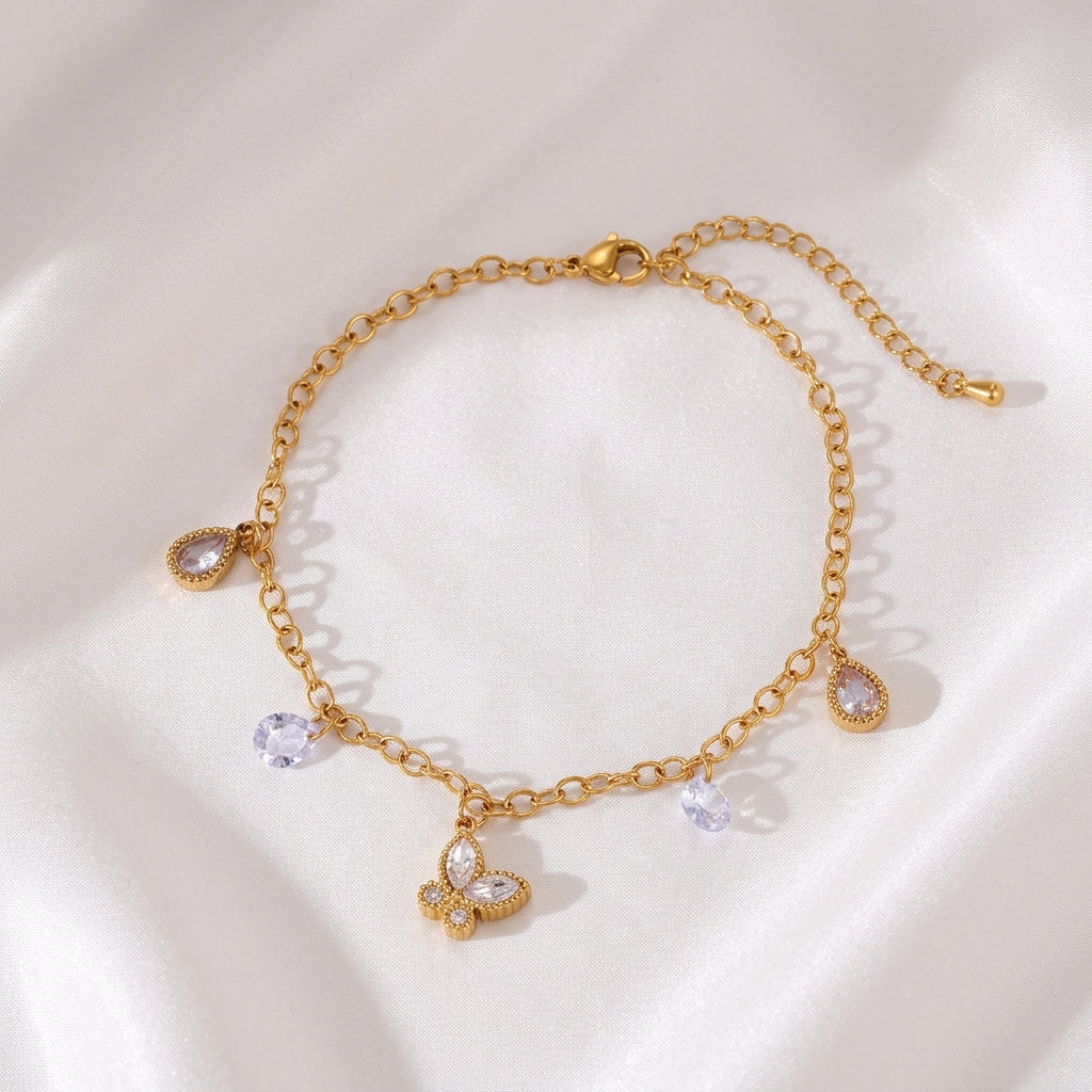 Bracelet Cheville Papillon Zircon Doré Acier 304 | WristArt