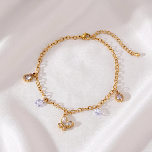 Bracelet Cheville Papillon Zircon Doré Acier 304 | WristArt