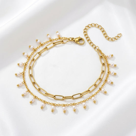 Bracelet Cheville Perle Dorée Multicouche Acier 304 | WristArt