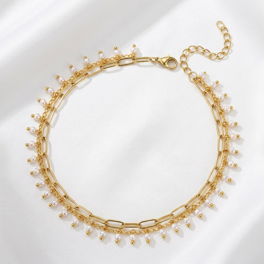 Bracelet Cheville Perle Dorée Multicouche Acier 304 | WristArt