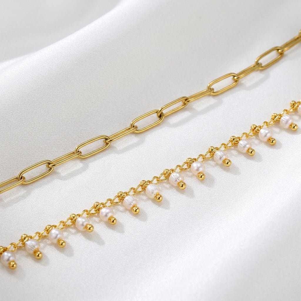 Bracelet Cheville Perle Dorée Multicouche Acier 304 | WristArt