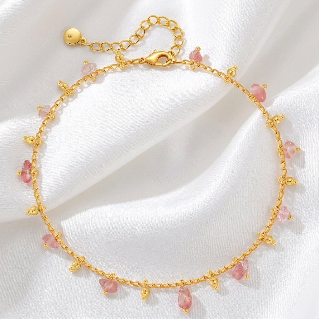 Bracelet Cheville Pierre Naturelle Ethnique Doré | WristArt Rose / Or 18K