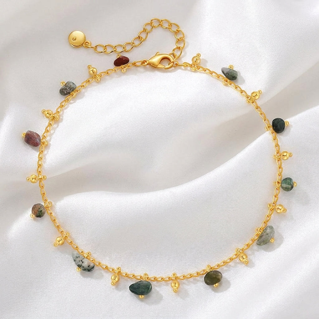 Bracelet Cheville Pierre Naturelle Ethnique Doré | WristArt Vert / Or 18K