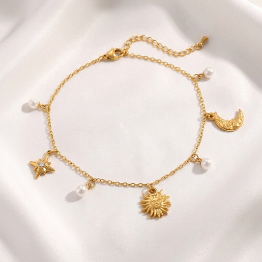 Bracelet Cheville Soleil Lune Strass Doré Acier | WristArt