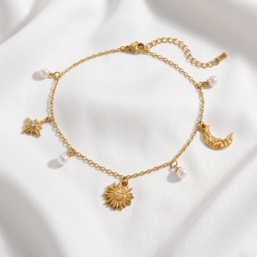Bracelet Cheville Soleil Lune Strass Doré Acier | WristArt