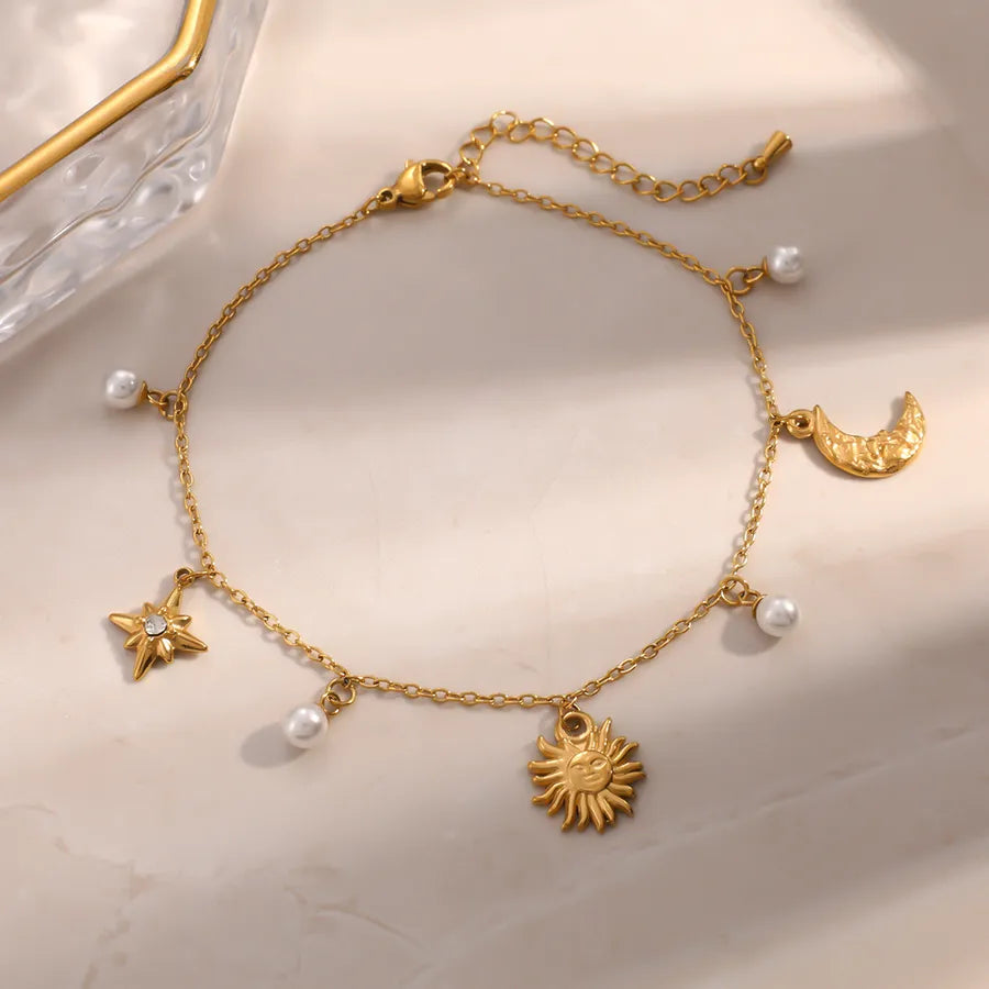 Bracelet Cheville Soleil Lune Strass Doré Acier | WristArt Standard