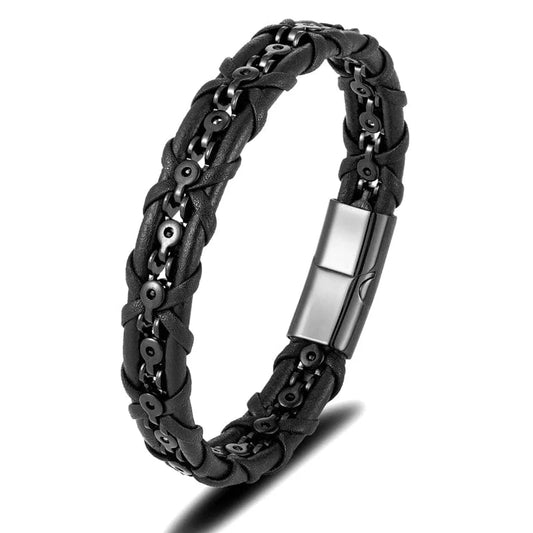 bracelet cuir acier homme tressé Noir / 19cm
