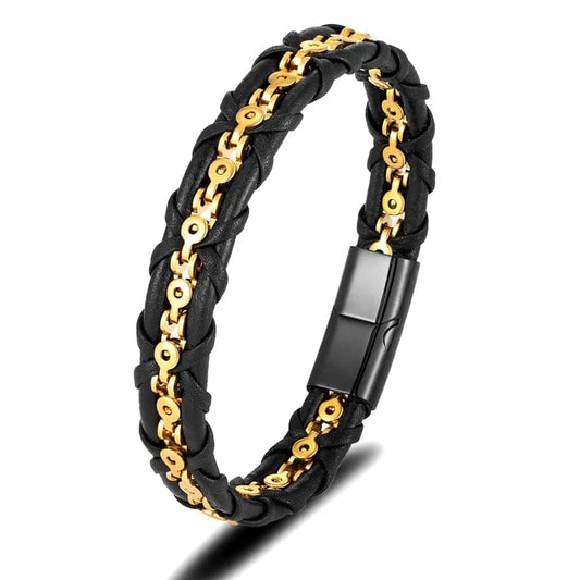 bracelet cuir acier homme tressé Or / 19cm