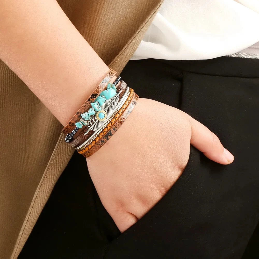 Bracelet cuir bohème plume turquoise femme
