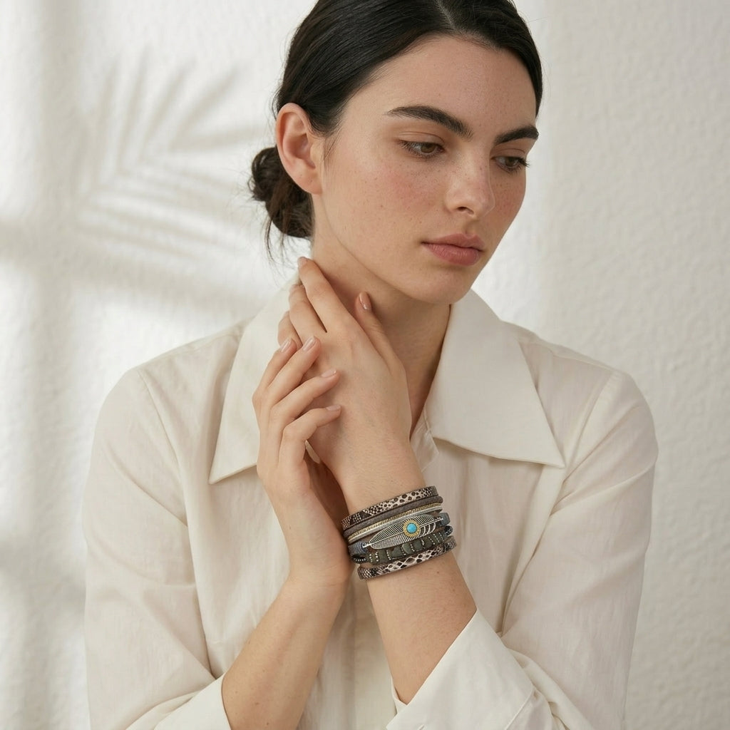 Bracelet cuir bohème plume turquoise femme