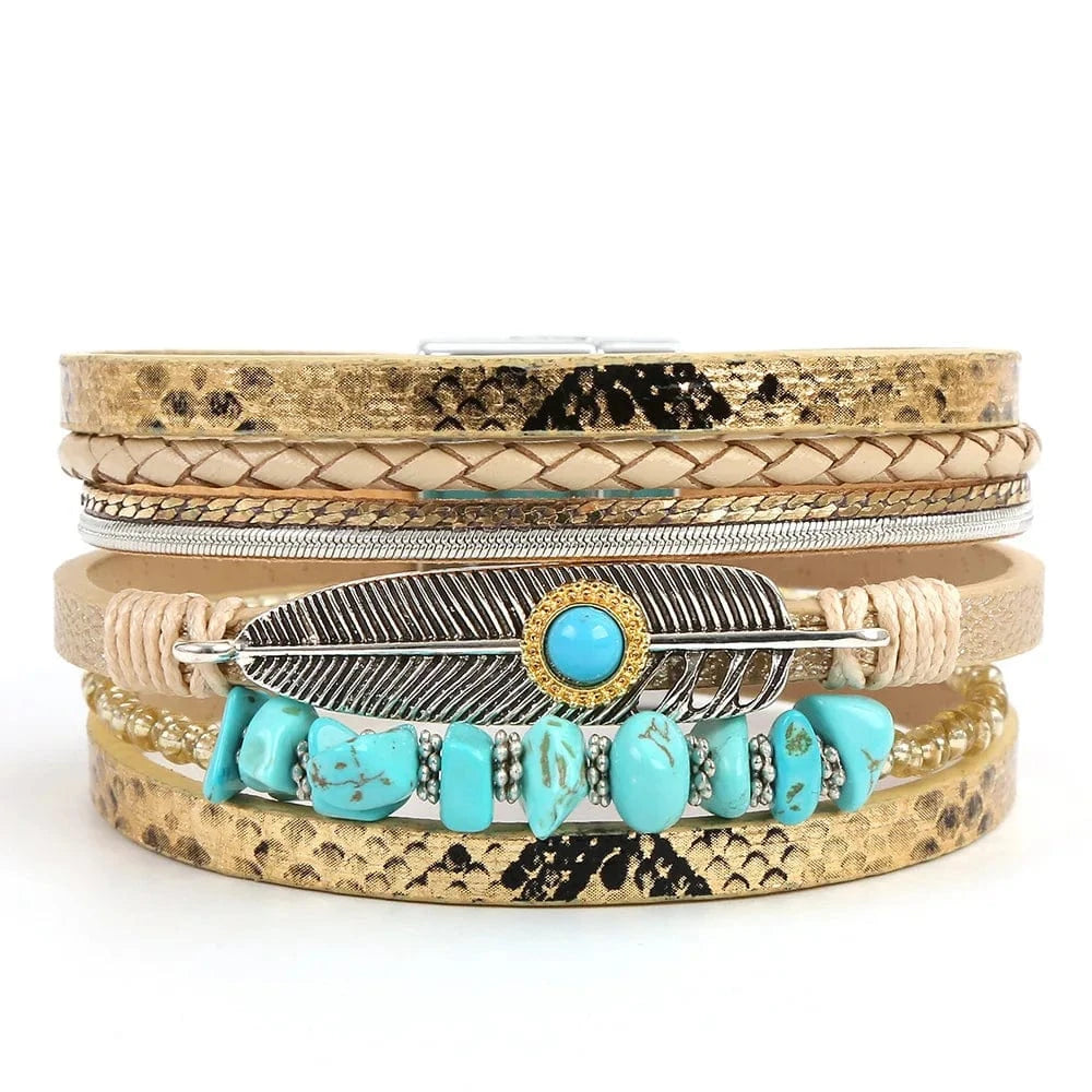 Bracelet cuir bohème plume turquoise femme Beige