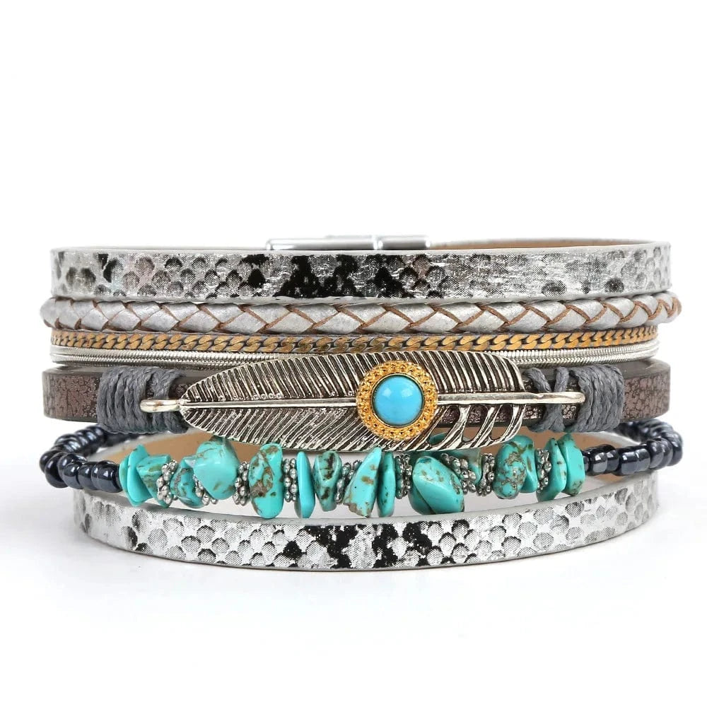 Bracelet cuir bohème plume turquoise femme Blanc
