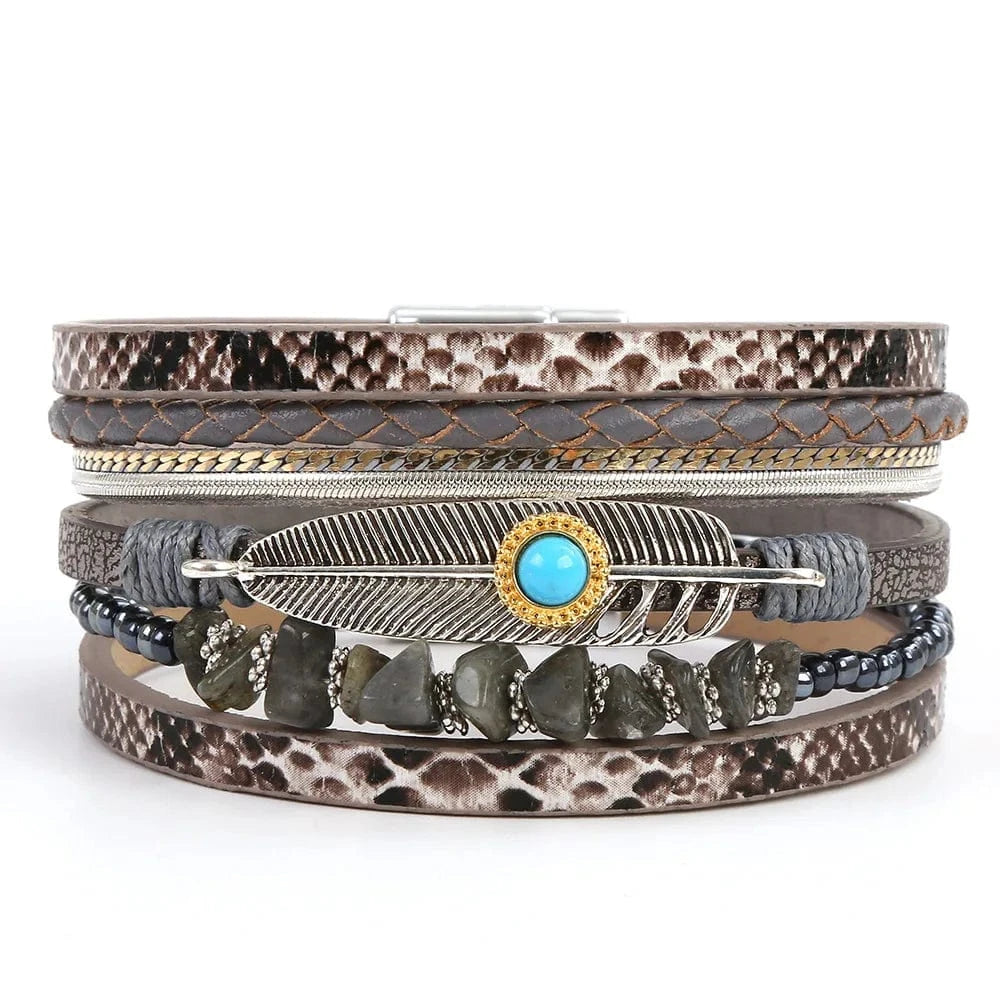 Bracelet cuir bohème plume turquoise femme Gris