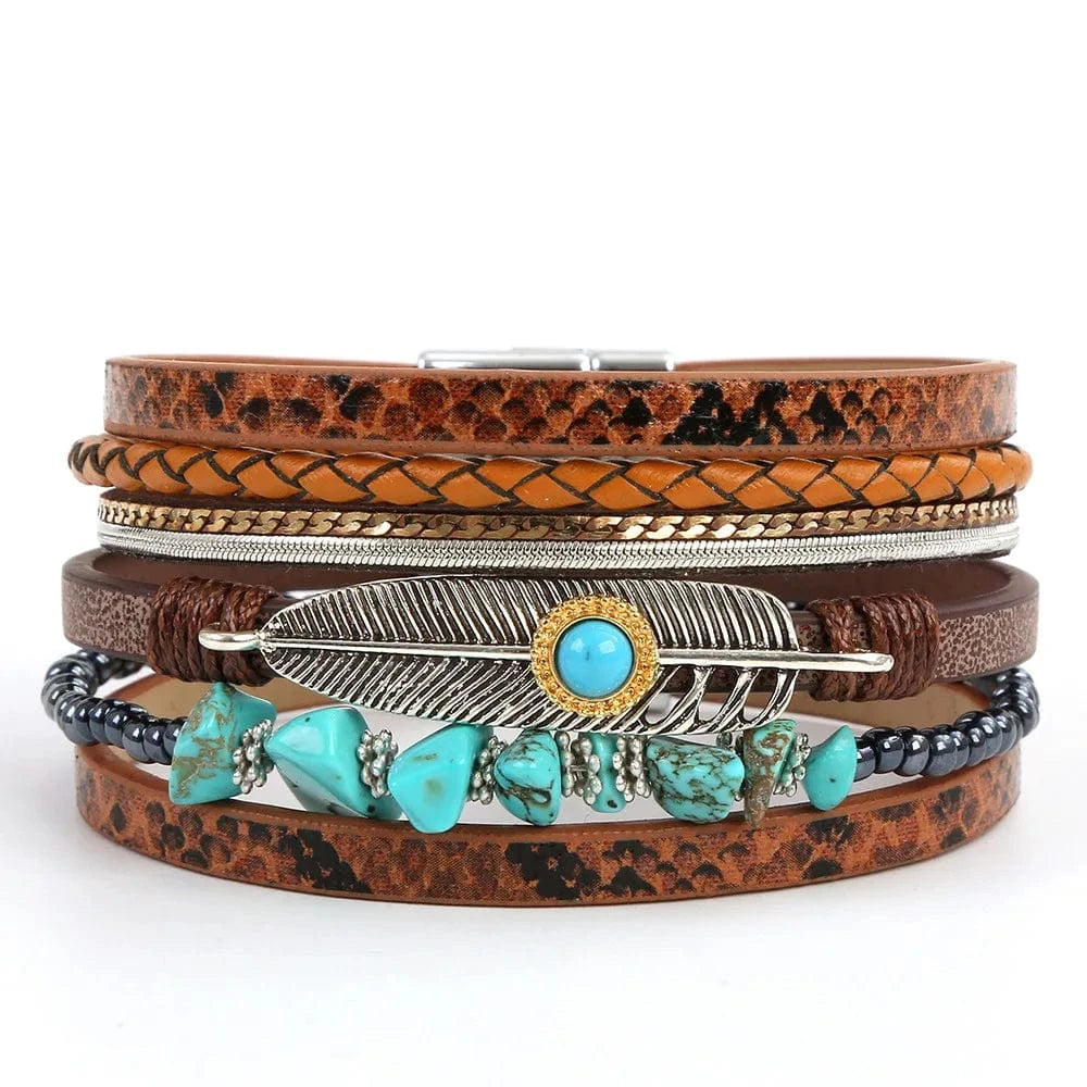 Bracelet cuir bohème plume turquoise femme Marron