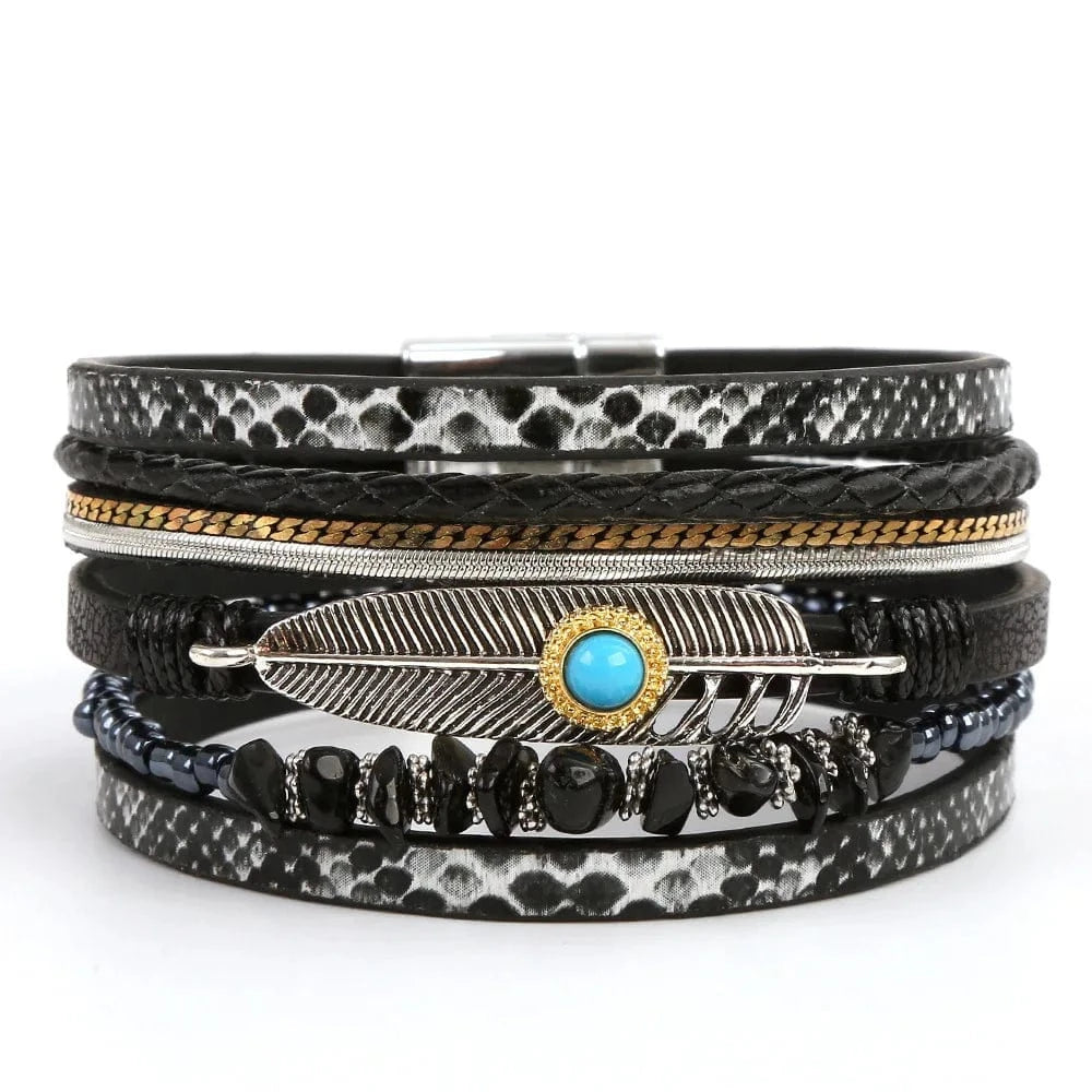 Bracelet cuir bohème plume turquoise femme Noir