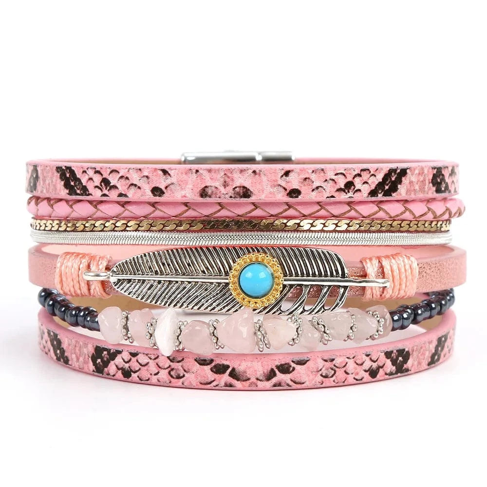 Bracelet cuir bohème plume turquoise femme Rose