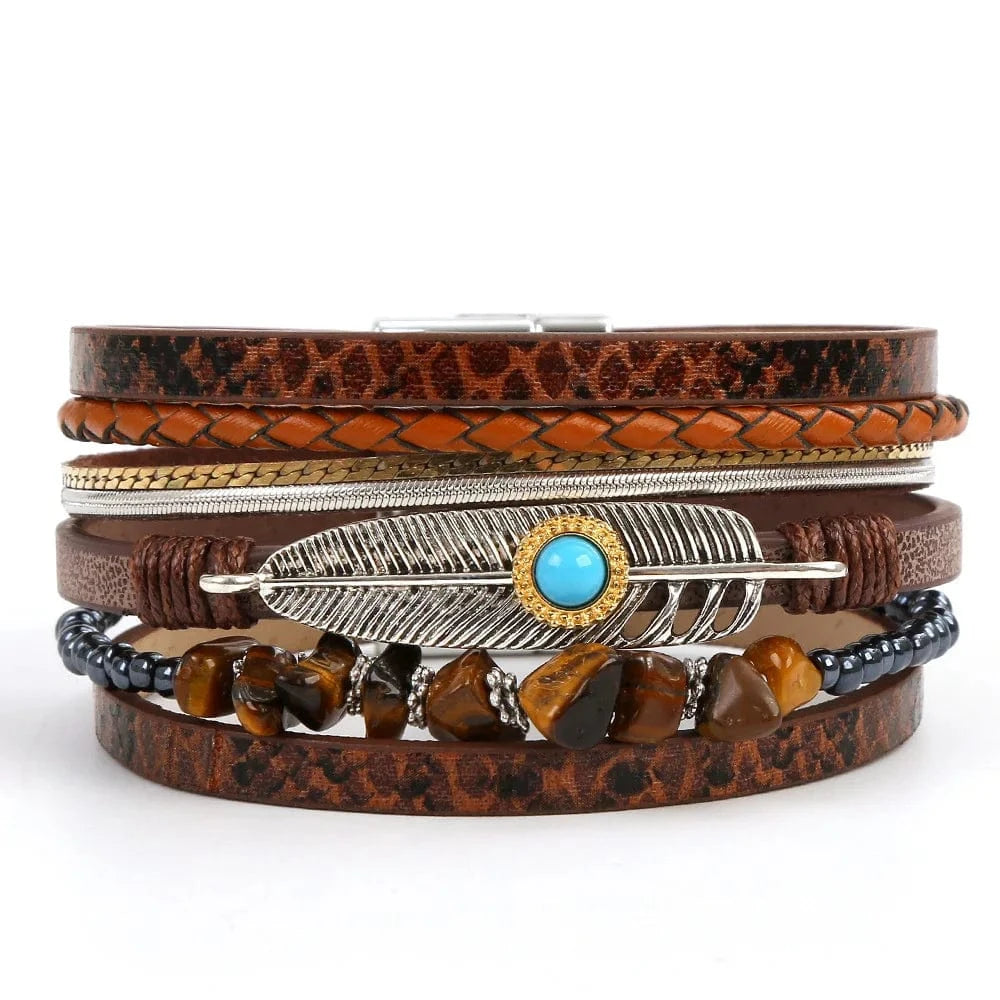 Bracelet cuir bohème plume turquoise femme Rouge Foncé