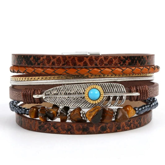 Bracelet cuir bohème plume turquoise femme Rouge Foncé